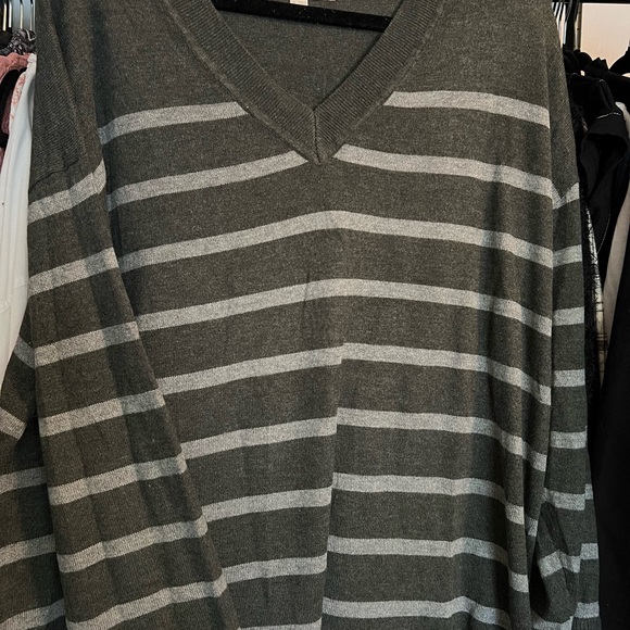 LOFT Sweaters - LOFT Women’s Charcoal and Light Gray Striped V-Neck Sweater